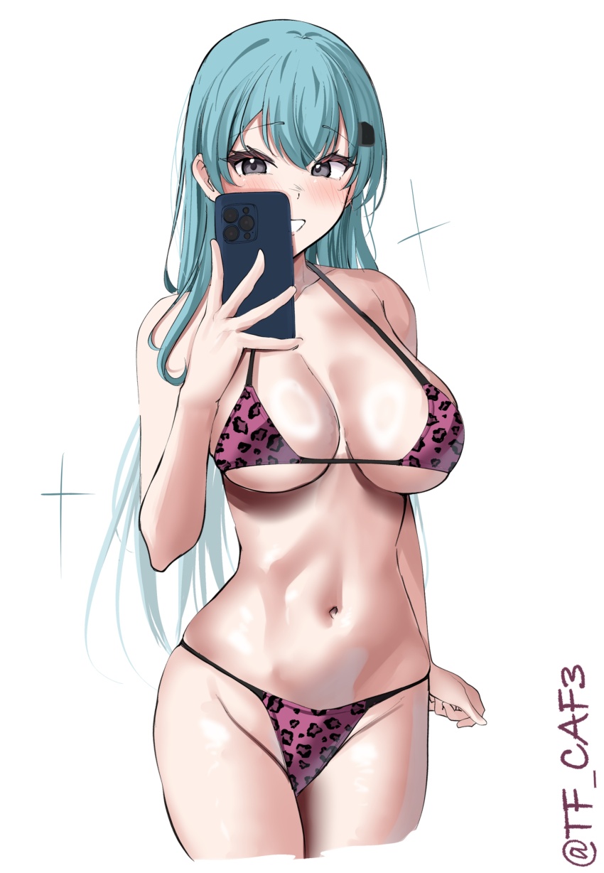 1girl absurdres animal_print aqua_eyes aqua_hair bikini blush breasts cellphone cowboy_shot hair_between_eyes hair_ornament hairclip highres kantai_collection large_breasts leopard_print long_hair phone purple_bikini selfie smartphone smile solo suzuya_(kancolle) swimsuit tf_cafe twitter_username white_background