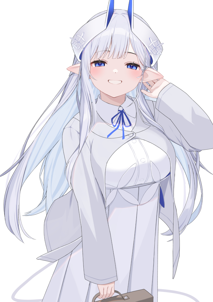 1girl absurdres blue_eyes breasts briefcase collared_shirt commentary_request demon_girl demon_horns demon_tail dress_shirt grey_hair grey_jacket hand_up hashiko_nowoto high-waist_skirt highres holding horns jacket long_hair long_sleeves medium_breasts original pleated_skirt pointy_ears puffy_long_sleeves puffy_sleeves school_briefcase shirt simple_background skirt sleeves_past_wrists solo tail very_long_hair white_background white_shirt white_skirt