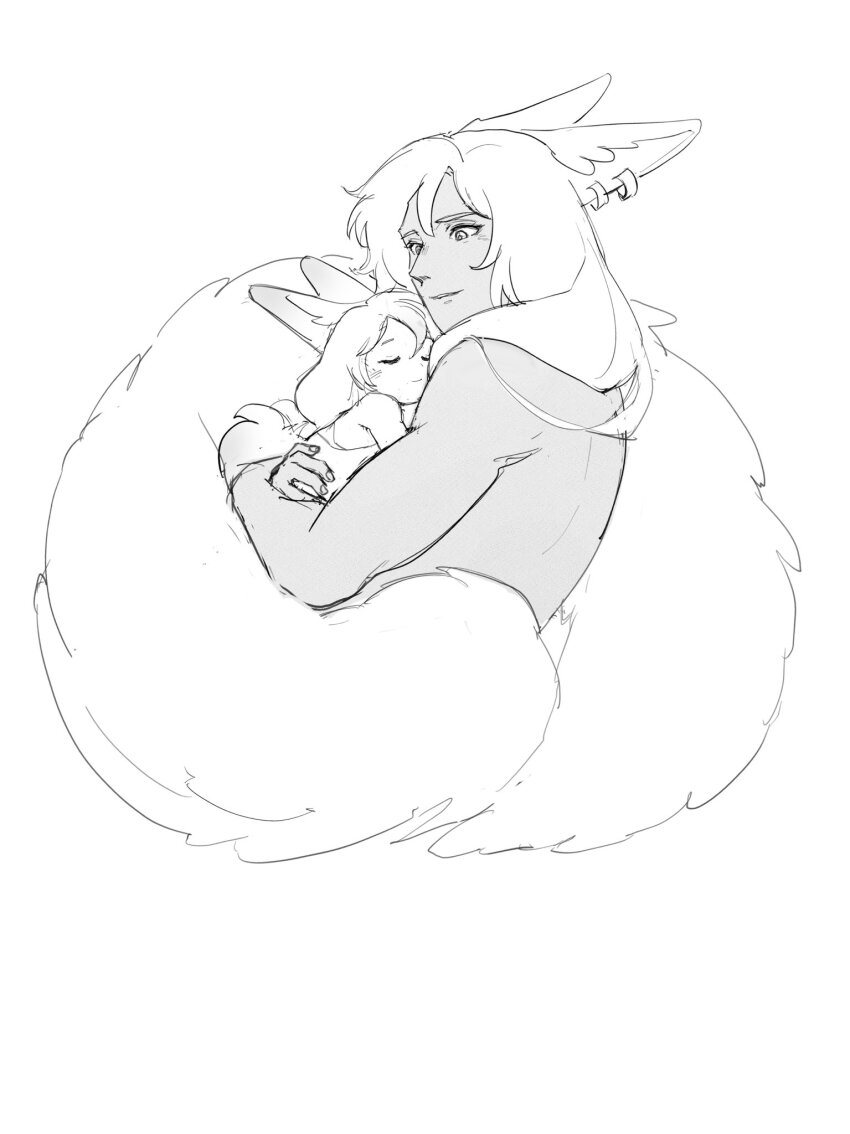 1boy 1girl animal_ears character_request closed_eyes commentary copyright_request cuddling dark_skin earrings english_commentary fox_ears greyscale highres hug jewelry kaeyamilk long_hair monochrome rabbit_ears sketch sleeping tail white_background