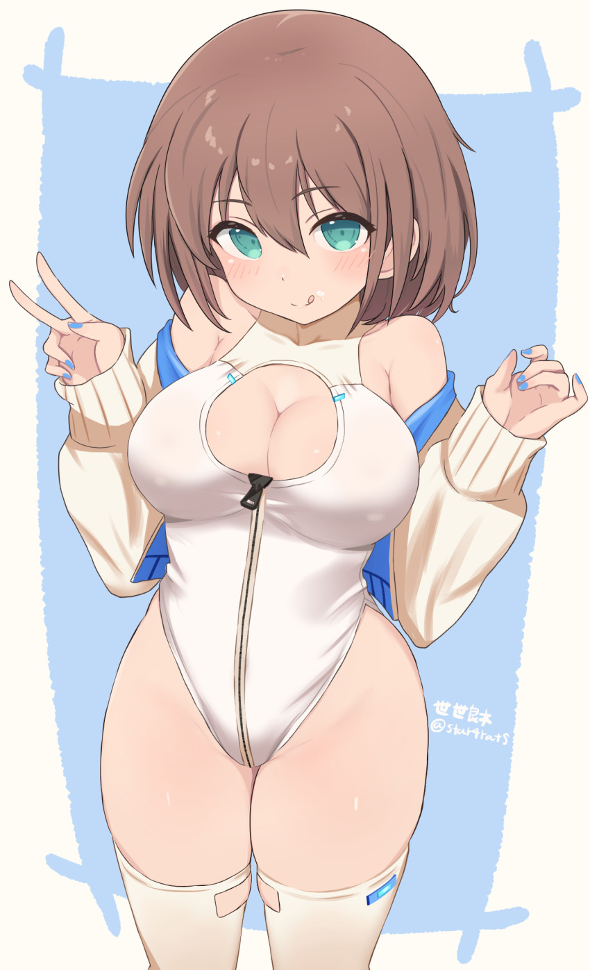 1girl aiba_sena alice_gear_aegis aqua_eyes breasts brown_eyes circle_cutout cleavage cleavage_cutout clothing_cutout companion/af covered_collarbone front_zipper full-length_zipper heattech_leotard highleg highleg_leotard highres jacket large_breasts leotard multicolored_leotard official_alternate_color race_queen seseragi_(star4rats) short_hair skindentation sleeveless_turtleneck_leotard solo thighhighs turtleneck two-tone_leotard v w_arms white_jacket white_leotard white_thighhighs zipper zipper_leotard zipper_pull_tab