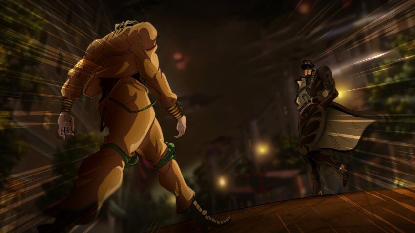 2boys anime_coloring belt black_coat black_hair black_hat black_pants bracelet building chain coat comic_panel_redraw commentary derivative_work dio_brando emphasis_lines english_commentary grey_shirt hands_in_pockets hat high_collar highres jacket jewelry jojo_no_kimyou_na_bouken knee_pads kuujou_joutarou long_coat male_focus meme multiple_boys night nika_dudi official_style oh?_you&#039;re_approaching_me?_(meme) pants peaked_cap pointy_footwear shirt stardust_crusaders walking yellow_belt yellow_jacket yellow_pants