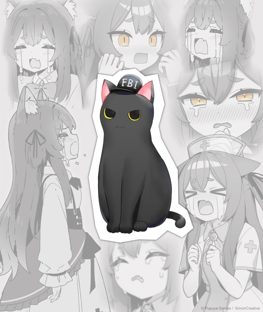 &gt;_&lt; 1girl animal_ears black_cat blonde_hair cat cat_day cat_ears cat_girl closed_mouth company_name copyright_notice crying fang fbi greyscale highres little_witch_nobeta little_witch_nobeta_official long_hair monochrome multiple_views nurse official_art open_mouth phyllis_(cat)_(little_witch_nobeta) phyllis_(human)_(little_witch_nobeta) phyllis_(little_witch_nobeta) skin_fang straight_hair t_t tears very_long_hair yellow_eyes