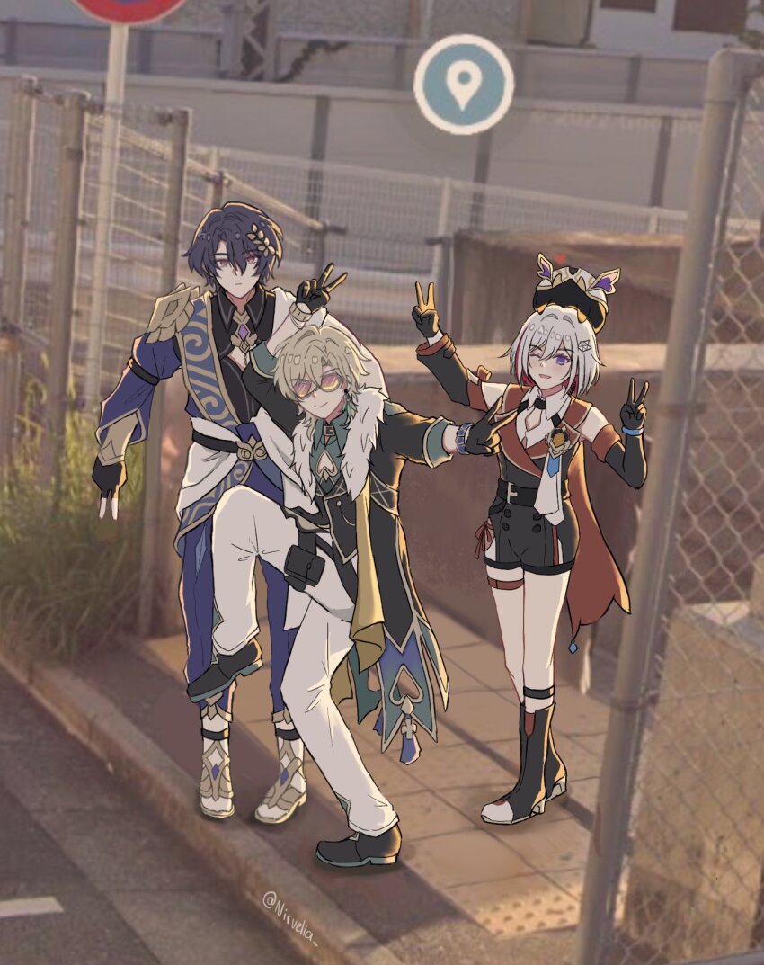 1girl 2boys ;d ancient_greek_clothes aqua_shirt armor arms_up artist_name asymmetrical_gloves aventurine_(honkai:_star_rail) black_collar black_footwear black_gloves black_jacket black_shirt black_unitard black_vest blonde_hair blue_pants blush boots bracelet buttons cape chain-link_fence cleavage_cutout closed_mouth clothing_cutout coattails collar collared_shirt colored_inner_hair crossed_bangs day detached_sleeves double_v dr._ratio_(honkai:_star_rail) earpiece earrings elbow_gloves expressionless eyelashes fence fingerless_gloves fur-trimmed_jacket fur_trim gem glasses gloves gold_trim google_street_view greco-roman_clothes hair_between_eyes hair_intakes hair_ornament half_gloves hands_up hashtag-only_commentary high_school_girls_posing_for_google_street_view_(meme) highres honkai:_star_rail honkai_(series) jacket jewelry lapels leg_up long_sleeves meme multicolored_eyes multicolored_hair multiple_boys multiple_rings neck_tattoo nirvelia numby_(honkai:_star_rail) on_head one_eye_closed open_clothes open_jacket open_mouth pants parted_bangs pauldrons photo_background pouch purple-tinted_eyewear purple_eyes purple_gemstone purple_hair raised_curb red_cape red_eyes red_hair red_ribbon ribbon ring road_sign sandals shirt shoes short_hair shoulder_armor sign single_detached_sleeve single_earring single_elbow_glove single_pauldron sleeveless sleeveless_shirt sleeves_rolled_up smile standing standing_on_one_leg streaked_hair tactile_paving tattoo thigh_pouch thigh_strap tinted_eyewear topaz_(honkai:_star_rail) trotter_(honkai:_star_rail) twitter_username uneven_gloves unitard v vambraces vest white_hair white_pants white_shirt wing_collar yellow-framed_eyewear yellow_eyes