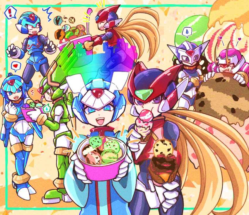 1girl 6+boys absurdres armor black_eyes blonde_hair blue_armor blue_eyes blue_helmet boots chasing clenched_hand closed_eyes copy_x_(mega_man) cyber_elf_x_(mega_man) dual_wielding eating energy_sword fairy_leviathan_(mega_man) fang fighting_fefnir_(mega_man) fins food forehead_jewel green_armor green_boots green_eyes green_helmet halo head_fins head_wings heart helmet hidden_phantom_(mega_man) highres holding holding_food holding_polearm holding_sword holding_weapon horns ice_cream ice_cream_cone long_hair mechanical_wings mega_man_(series) mega_man_zero_(series) meshiuma0x multiple_boys ninja omega_(mega_man) open_mouth oversized_food oversized_object polearm purple_armor purple_helmet red_armor red_eyes red_helmet red_scarf running sage_harpuia_(mega_man) scarf spear speech_bubble spoken_heart spoken_sweatdrop sweat sweatdrop sword teeth thigh_boots upper_teeth_only weapon wings x_(mega_man) zero(z)_(mega_man) zero_(mega_man)