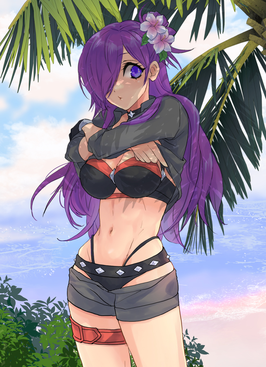 1girl beach bikini black_bikini black_choker breasts bryminoru choker cleavage female_shez_(fire_emblem) female_shez_(summer)_(fire_emblem) fire_emblem fire_emblem:_three_houses fire_emblem_heroes fire_emblem_warriors:_three_hopes flower hair_flower hair_ornament hair_over_one_eye hibiscus highres medium_breasts navel nintendo ocean official_alternate_costume outdoors purple_eyes purple_hair solo stomach swimsuit undressing water white_flower