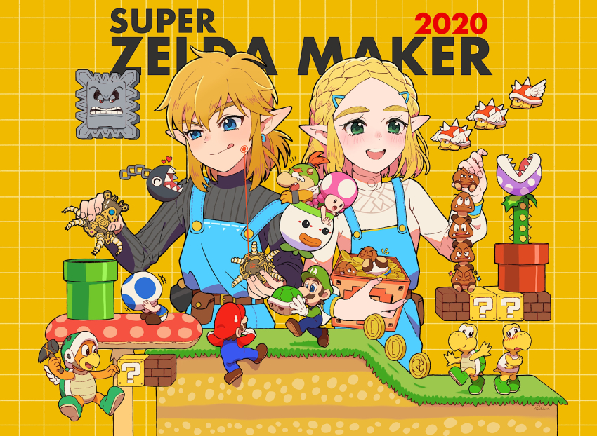 3girls 6+boys ?_block block_(object) blonde_hair blue_eyes bowser_jr. braid chain_chomp company_connection crossover facial_hair goomba green_eyes guardian_(zelda) hammer_bro hat highres koopa_troopa licking_lips link luigi mario mario_(series) multiple_boys multiple_girls mustache nintendo open_mouth overalls piranha_plant pointy_ears princess_zelda round_teeth rutiwa shell spiny super_mario_bros._1 super_mario_maker teeth the_legend_of_zelda the_legend_of_zelda:_breath_of_the_wild the_legend_of_zelda:_tears_of_the_kingdom thick_eyebrows thwomp toad_(mario) toadette tongue tongue_out wings yellow_background