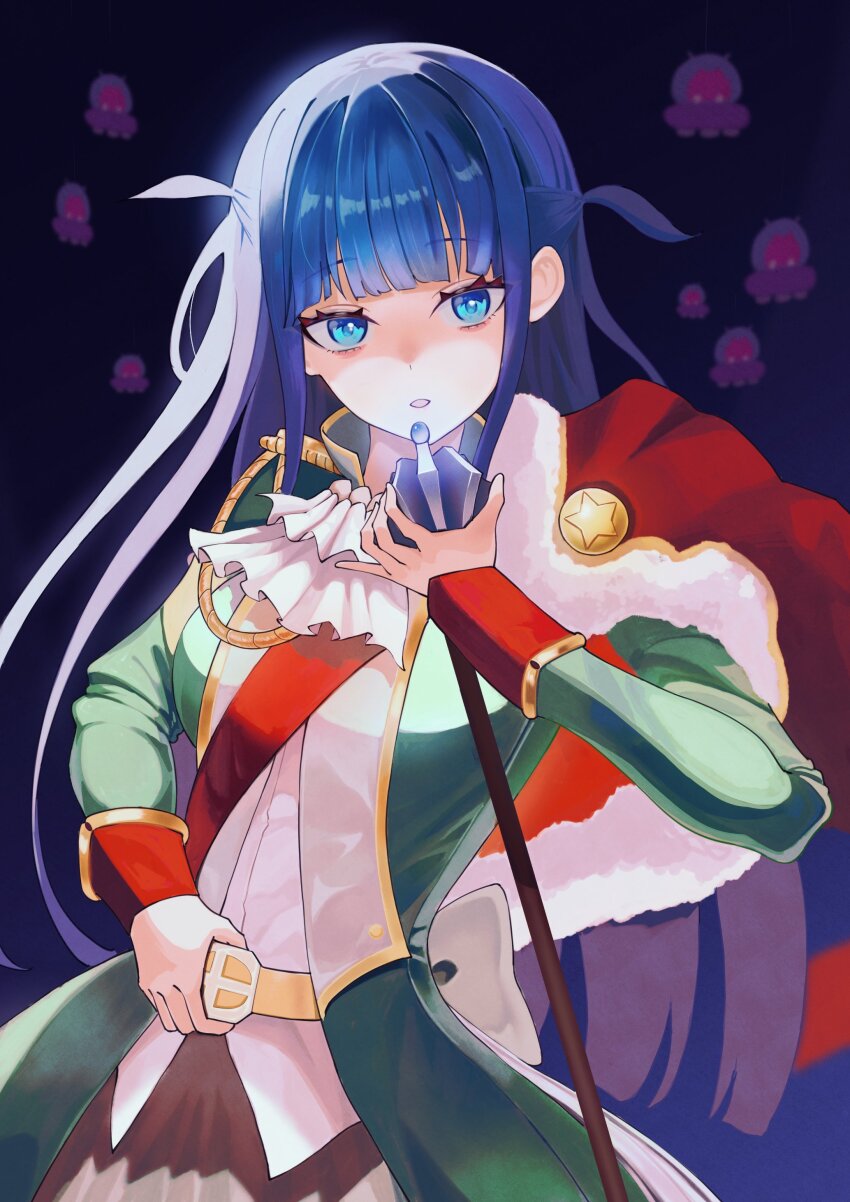 1girl absurdres aiguillette ascot back_bow belt belt_buckle black_background blue_background blue_eyes blue_hair blunt_bangs blunt_ends bow brown_skirt buckle commentary epaulettes flying_saucer fur-trimmed_jacket fur_trim gradient_background green_jacket hands_up highres holding holding_weapon jacket jacket_on_shoulders long_hair long_sleeves looking_at_viewer mace mrfba2 open_clothes open_jacket parted_lips red_jacket red_sash sash shirt shoujo_kageki_revue_starlight shoulder_sash skirt solo spacecraft standing tsuyuzaki_mahiru two_side_up upper_body very_long_hair weapon white_ascot white_bow white_shirt yellow_belt
