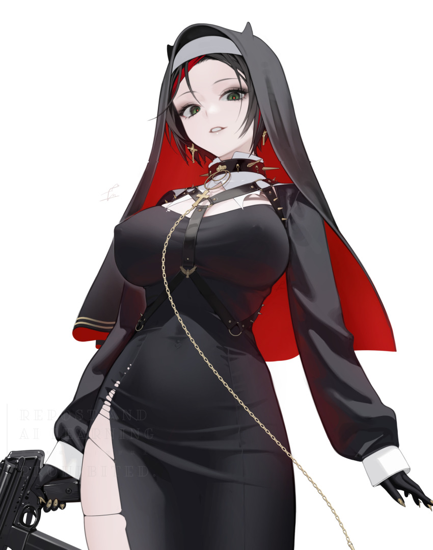 1girl black_gloves black_hair breasts collar commentary_request covered_erect_nipples covered_horns cross cross_earrings crow_(nikke) earrings gloves goddess_of_victory:_nikke green_eyes gun highres holding holding_gun holding_weapon jewelry large_breasts looking_at_viewer nun ohisashiburi short_hair simple_background skin_tight solo spiked_collar spikes weapon white_background