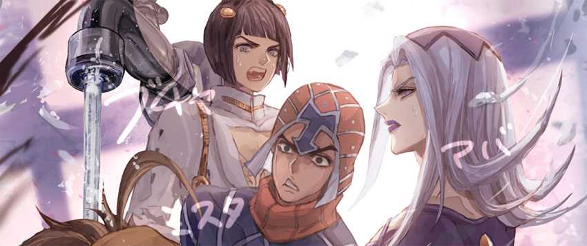 4boys argyle_clothes argyle_hat argyle_sweater beanie black_eyes black_hair blue_sweater bob_cut brown_hair bruno_bucciarati cleavage_cutout clothing_cutout commentary_request grey_hair guido_mista hair_ornament hairclip hat high_collar jacket jojo_no_kimyou_na_bouken kom_(water0371) long_hair makeup male_focus multiple_boys pannacotta_fugo pouring purple_eyes purple_lips red_hat sweat sweater turtleneck turtleneck_sweater vento_aureo water what white_jacket zipper zipper_pull_tab