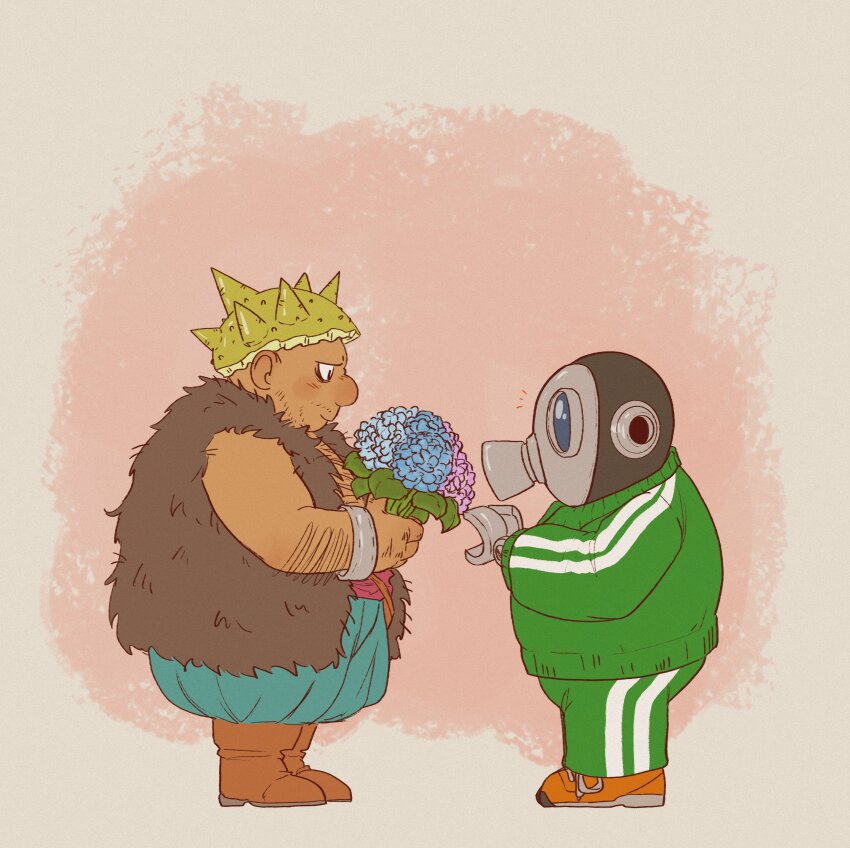 2boys absurdres aurora_(cynicalruins) boots bracelet brown_footwear commentary dragon_quest dragon_quest_viii english_commentary facial_hair fat fat_man flower from_side full_body green_jacket green_pants highres holding holding_flower jacket jewelry long_sleeves male_focus mask mechanical_arms multiple_boys orange_shoes pants shoes spiked_helmet standing toriyama_akira_(character) toriyama_akira_(style) yangus