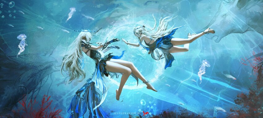 2girls absurdres artist_name bare_legs bare_shoulders barefoot black_dress blonde_hair cartethyia_(wuthering_waves) commentary crown_of_thorns dress dual_persona english_commentary fleurdelys_(wuthering_waves) from_side gauntlets highres horns imperator_(wuthering_waves) jellyfish jvn legs long_hair multiple_girls pointy_ears revision sandals second-party_source single_horn very_long_hair wide_shot wuthering_waves