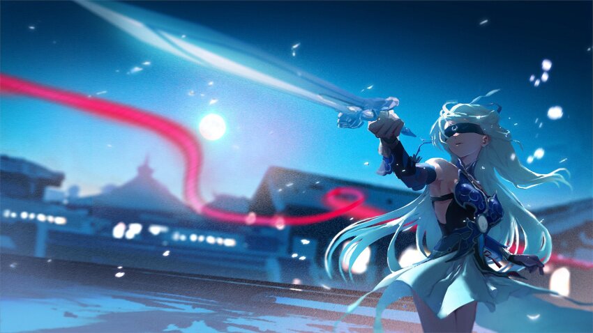1girl bare_shoulders black_blindfold black_gloves blindfold blue_sleeves blurry blurry_background detached_sleeves full_moon gloves high_ponytail highres holding holding_weapon honkai:_star_rail honkai_(series) jingliu_(honkai:_star_rail) long_hair moon orenji_(orenjikunart) ponytail sword weapon white_hair