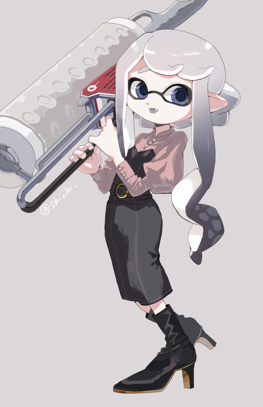 1girl :d absurdres artist_name black_boots black_dress black_hair blue_eyes boots commentary_request dress fangs flingza_roller_(splatoon) full_body gradient_hair grey_background grey_hair high_heel_boots high_heels highres holding holding_weapon inkling inkling_girl inkling_player_character juliet_sleeves long_dress long_hair long_sleeves looking_to_the_side multicolored_hair nintendo open_mouth pink_shirt puffy_sleeves shiohi shirt sidelocks simple_background smile solo splatoon_(series) standing strapless strapless_dress tentacle_hair two-tone_hair wavy_hair weapon