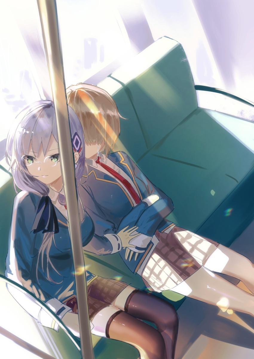 2girls absurdres blonde_hair blue_jacket crying from_above glasses green_eyes grey_hair hair_ornament hair_over_one_eye hair_over_shoulder heaven_burns_red highres izumi_yuki_(heaven_burns_red) jacket kayamori_ruka kr_woyue long_hair long_sleeves low-tied_long_hair multiple_girls necktie round_eyewear shirt short_hair sitting subway train_interior white_shirt yuri