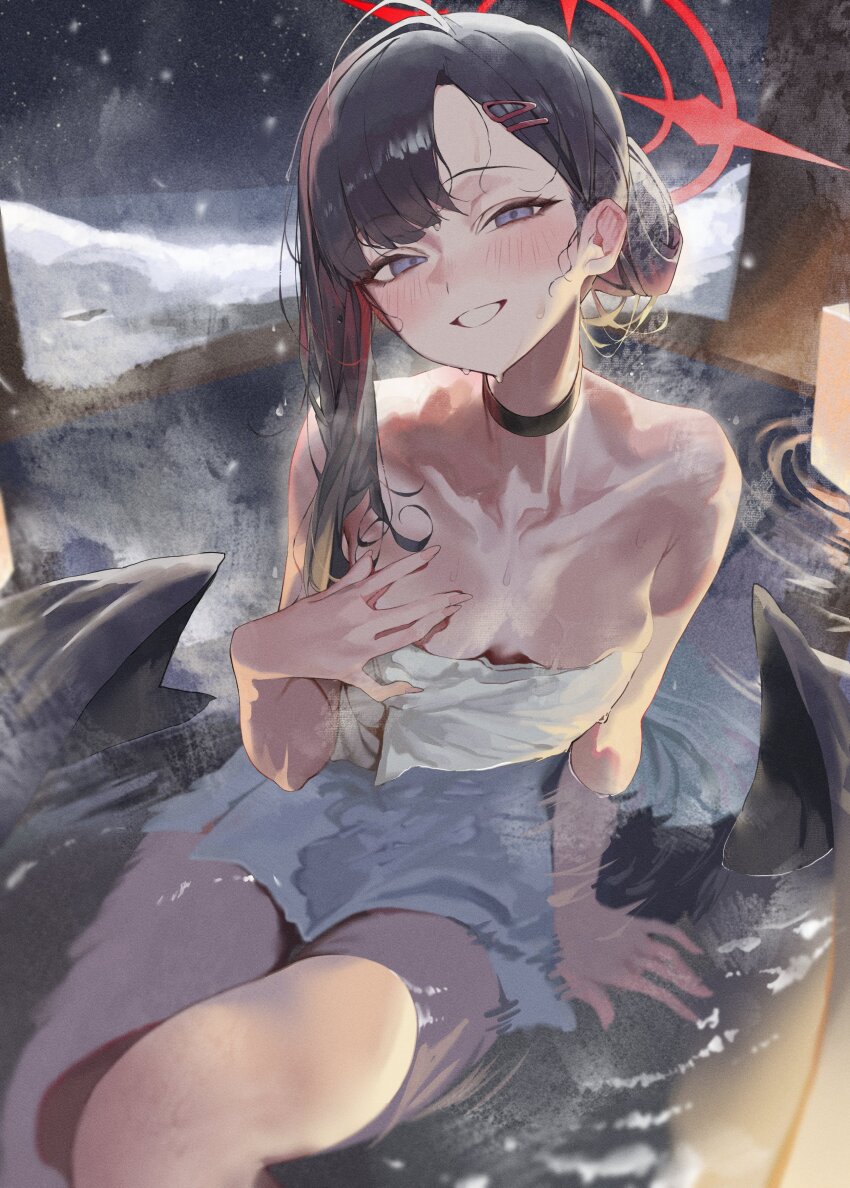 1girl absurdres black_hair black_wings blue_archive blush breasts choker collarbone feathered_wings grin hair_bun hair_ornament hair_up hairclip halo hand_on_own_chest highres ichika_(blue_archive) long_hair looking_at_viewer low_wings medium_breasts naked_towel onsen partially_submerged pepq purple_eyes red_halo smile snow solo steam thighs towel unusually_open_eyes wet wings