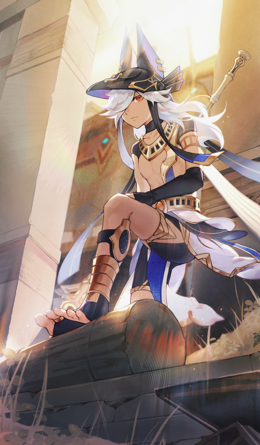 1boy black_headwear black_shorts commentary_request cyno_(genshin_impact) genshin_impact hair_over_one_eye highres long_hair looking_at_viewer male_focus polearm red_eyes shorts shrug_(clothing) snowflake_(diodarja) solo spear standing usekh_collar weapon white_hair