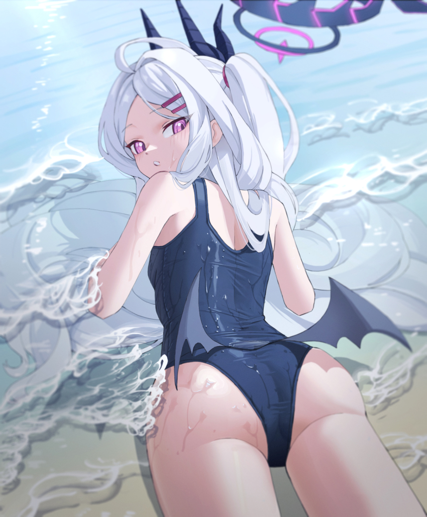 1girl ahoge ass beach black_horns black_wings blue_archive commentary_request demon_girl demon_horns demon_wings from_behind hair_intakes highres hina_(blue_archive) hina_(swimsuit)_(blue_archive) horns korean_commentary loli long_hair looking_at_viewer looking_back low_wings lying mahou_gnome multiple_horns ocean official_alternate_costume old_school_swimsuit on_stomach purple_eyes school_swimsuit solo swimsuit thighs water wet wet_clothes wet_swimsuit white_hair wings