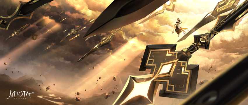 1boy absurdres barefoot crossed_arms genshin_impact geokinesis geomancer highres light_rays miota_studio official_alternate_costume rex_lapis_(genshin_impact) solo solo_focus spears tagme zhongli_(archon)_(genshin_impact) zhongli_(genshin_impact)