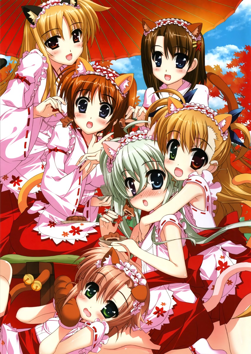 6+girls animal_ears blonde_hair blue_eyes blush brown_hair cat_ears cat_paws chocolate cloud cosplay couple einhard_stratos embarrassed fate_testarossa food fujima_takuya green_eyes green_hair heterochromia highres hug hug_from_behind kimono leaf looking_at_viewer lyrical_nanoha mahou_shoujo_lyrical_nanoha mahou_shoujo_lyrical_nanoha_vivid miura_rinaldi multiple_girls official_art purple_eyes red_eyes sky socks surprised tail takamachi_nanoha tree umbrella vivio yagami_hayate yuri
