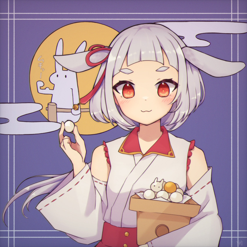 1girl :3 animal_ears blunt_bangs blush collared_shirt dango detached_sleeves food grey_hair highres holding holding_food japanese_clothes kine long_hair long_sleeves looking_at_viewer low_ponytail mallet moon nontraditional_miko orange_eyes original ponytail purple_background rabbit rabbit_ears rabbit_girl rageno0000 shirt short_eyebrows sleeveless sleeveless_shirt smile solo thick_eyebrows tsukimi tsukimi_dango upper_body wagashi