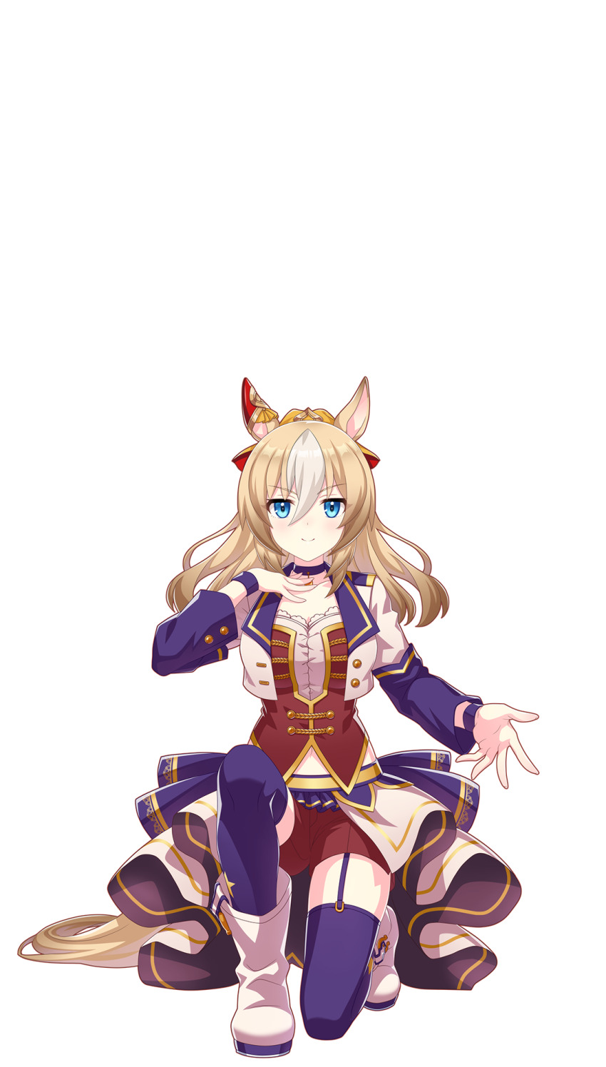 1girl aiguillette alternate_costume animal_ears back_ribbon blonde_hair blue_eyes boots breasts buttons choker closed_mouth collarbone cropped_jacket double-breasted durandal_(umamusume) ear_covers frills full_body garter_straps hair_between_eyes hair_ornament hair_ribbon heart heart_ear_ornament high_heel_boots high_heels highres horse_ears horse_girl horse_tail horseshoe_ornament jacket jewelry lace_trim large_breasts long_hair long_sleeves looking_at_viewer midriff multicolored_hair navel official_alternate_costume official_art on_one_knee open_clothes open_hands open_jacket overskirt pendant pendant_choker ponytail purple_choker purple_thighhighs red_shorts red_vest ribbon short_shorts shorts shorts_under_skirt sidelocks single_ear_cover skirt smile solo star_(symbol) star_print starting_future_(umamusume) straight-on tail thighhighs transparent_background two-sided_fabric two-sided_jacket two-sided_skirt two-tone_hair umamusume vest white_boots white_hair white_jacket white_skirt wristband