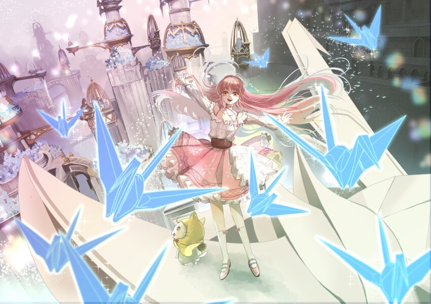 1girl absurdres aircraft animal bare_shoulders belt black_belt bow bow_legwear bowtie bra_strap bridge castle cat choker cloak clothed_animal collarbone commentary_request ear_covers floating floating_clothes floating_hair floating_object frilled_shirt frilled_skirt frills full_body hair_down happy highres hood hood_up hooded_cloak indoors infinity_nikki kneehighs layered_skirt light_particles long_hair looking_at_viewer mary_janes miniskirt momo_(nikki) nikki_(nikki) nikki_(series) off-shoulder_shirt off_shoulder open_mouth origami outstretched_arms paper_crane pink_bow pink_choker pink_eyes pink_hair pink_shoes pink_skirt pleated_skirt red_bow red_bowtie rittsun shirt shoes single_stripe skirt smile snowflake_print socks standing striped_choker teeth traditional_bowtie upper_teeth_only very_long_hair white_cat white_shirt white_skirt white_socks wind yellow_cloak
