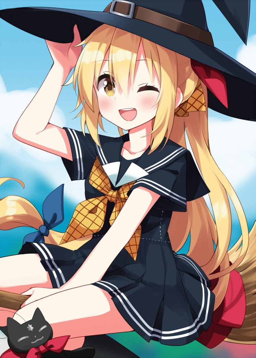 1girl ;d black_hat black_sailor_collar black_shirt black_skirt black_socks blonde_hair blue_ribbon blurry blurry_background blush broom broom_riding collarbone gendai_majo_no_shuushoku_jijou hair_between_eyes hair_ribbon hand_on_headwear hat highres kneehighs long_hair looking_at_viewer neckerchief one_eye_closed open_mouth plaid_clothes plaid_neckerchief pleated_skirt ribbon ruu_(tksymkw) sailor_collar shirt short_sleeves skirt smile socks solo tamaki_neko teeth upper_teeth_only witch_hat yellow_eyes yellow_neckerchief