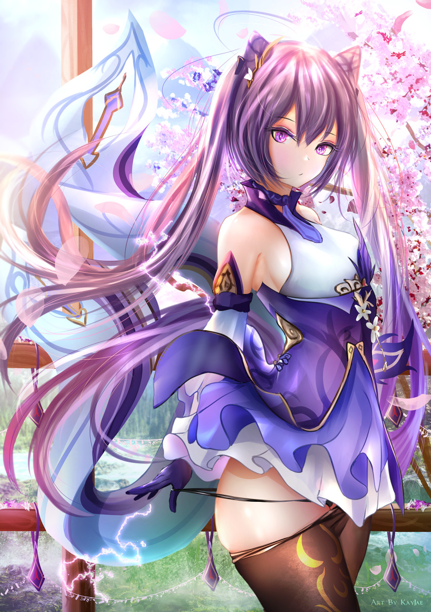 1girl breasts cherry_blossoms cone_hair_bun detached_sleeves dress genshin_impact hair_between_eyes hair_bun highres kayjae keqing_(genshin_impact) looking_at_viewer medium_breasts necktie outdoors panties panty_pull pantyhose purple_eyes purple_hair purple_necktie railing sideboob signature solo thighs twintails underwear