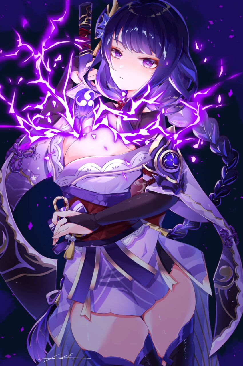 braid braided_ponytail breasts bridal_gauntlets cleavage cowboy_shot drawing_sword genshin_impact hair_ornament highres holding holding_sword holding_weapon human_scabbard japanese_clothes kimono large_breasts lightning long_hair looking_at_viewer mole mole_under_eye musou_isshin_(genshin_impact) obi ponytail purple_eyes purple_hair raiden_shogun sash short_kimono swept_bangs sword thighhighs tsukine122 very_long_hair weapon wide_sleeves
