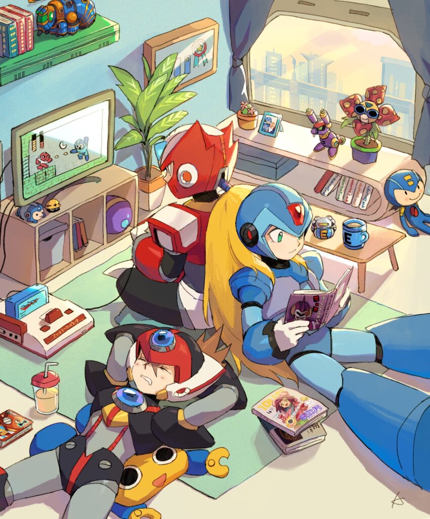 3boys armor axl_(mega_man) black_armor black_helmet blonde_hair blue_armor blue_helmet brown_hair cross_scar cut_man dr._cain_(mega_man) famicom forehead_jewel game_console green_eyes helmet highres indoors karen_(karenoni1031) long_hair mega_man_(character) mega_man_(classic) mega_man_(series) mega_man_legends_(series) mega_man_star_force_(series) mega_man_x_(series) megaman.exe met_(mega_man) multiple_boys plant ponytail potted_plant reading red_armor red_helmet scar shoulder_armor sleeping spiked_hair stuffed_toy video_game x_(mega_man) zero_(mega_man)