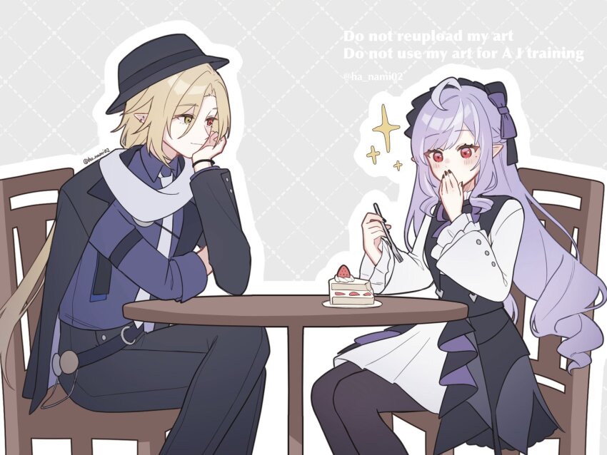 1boy 1girl ahoge black_dress black_hat black_jacket black_nails black_pants black_pantyhose blonde_hair blue_shirt blush bow cake cake_slice chair collared_shirt commentary_request covering_own_mouth dress english_text feet_out_of_frame food fork grey_background hair_bow hana_(nemukunai87) hat head_rest heterochromia highres holding holding_fork hugo_vlad jacket jacket_on_shoulders long_hair long_sleeves necktie outline pants pantyhose plate pocket_watch purple_bow purple_hair red_eyes scarf shirt simple_background sparkle table two-tone_dress vivian_banshee watch white_dress white_necktie white_scarf yellow_eyes zenless_zone_zero
