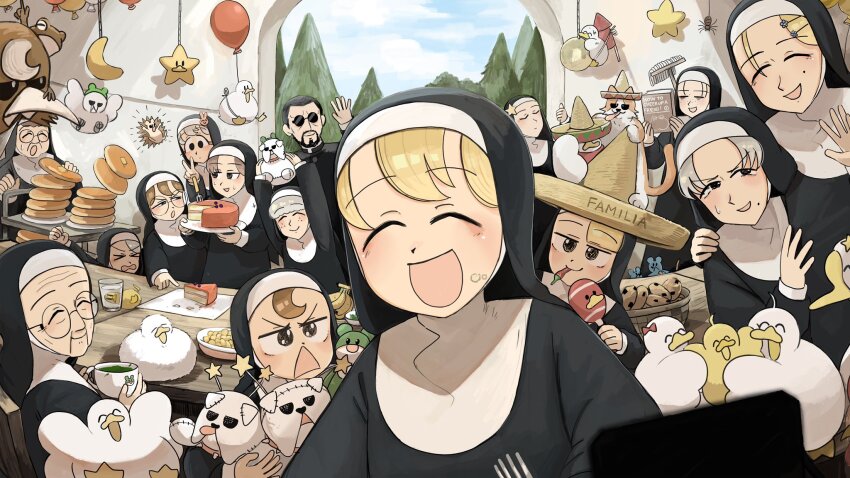 &gt;_&lt; 1boy 6+girls :d ^_^ balloon banana bird black_eyes black_hair blonde_hair blue_eyes book brown_eyes brown_hair bug bunny_nun_(diva) cake cat chicken chili_pepper chocolate_chip_cookie closed_eyes clumsy_nun_(diva) commentary cookie diva_(hyxpk) duck duckling english_commentary everyone eyelashes facial_hair father_(diva) food fork freckles freckles_nun_(diva) frog frog_headband froggy_nun_(diva) fruit glasses glasses_nun_(diva) goose grey_hair habit hair_ornament hat hedgehog highres hungry_nun_(diva) leaf_nun_(diva) little_nuns_(diva) mole mole_on_cheek mole_under_eye mother_superior_(diva) mouse_(animal) multiple_girls nun open_mouth ostrich owl pancake pancake_nun_(diva) rabbit_hair_ornament round_eyewear sheep_nun_(diva) slice_of_life smile smug_nun_(diva) sombrero spicy_nun_(diva) spider star_nun_(diva) star_ornament strict_nun_(diva) stuffed_animal stuffed_dog stuffed_toy sunglasses thumbs_up traditional_nun tree triangle_mouth yellow_eyes