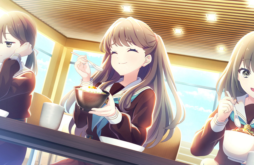 3girls ^_^ aqua_neckerchief beef black_hair blue_sky bowl brown_dress brown_hair ceiling_light closed_eyes cup dress dutch_angle eating egg_(food) food fujishima_megumi game_cg grey_eyes gyuudon happy hasu_no_sora_school_uniform highres holding holding_bowl holding_spoon indoors link!_like!_love_live! long_hair long_sleeves love_live! low_ponytail medium_hair multiple_girls neckerchief official_art on_chair plate ponytail sailor_collar sailor_dress school_uniform sitting sky solo_focus spoon tamagokake_gohan third-party_source two_side_up virtual_youtuber white_sailor_collar winter_uniform