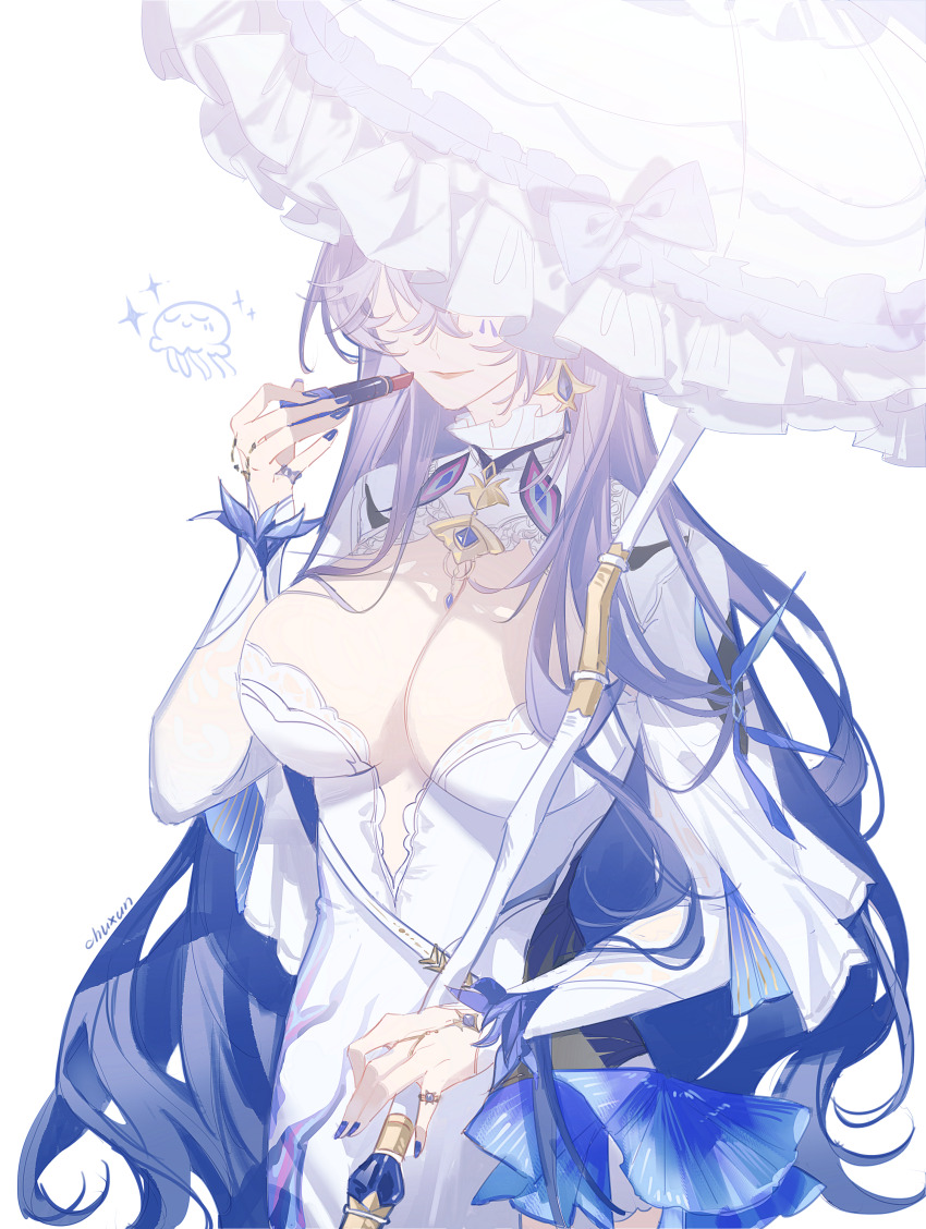 1girl absurdres breasts cantarella_(wuthering_waves) cosmetics highres holding holding_lipstick_tube holding_umbrella jellyfish large_breasts lipstick lipstick_tube makeup mark_under_eye parasol pokki961 simple_background solo umbrella white_background wuthering_waves