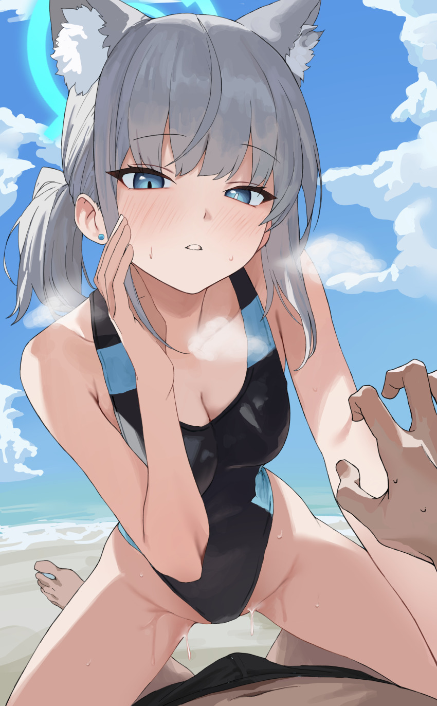 1boy 1girl absurdres animal_ear_fluff animal_ears barefoot beach black_one-piece_swimsuit blue_archive blue_eyes blue_sky breasts cleavage cloud commentary commentary_request competition_swimsuit day english_commentary extra_ears girl_on_top grey_hair halo hand_up hetero highleg highleg_one-piece_swimsuit highres looking_at_viewer medium_breasts mismatched_pupils mixed-language_commentary multicolored_swimsuit official_alternate_costume one-piece_swimsuit outdoors paid_reward_available parted_lips ponytail pov shiroko_(blue_archive) shiroko_(swimsuit)_(blue_archive) sky solo_focus straddling swimsuit timit two-tone_swimsuit wolf_ears