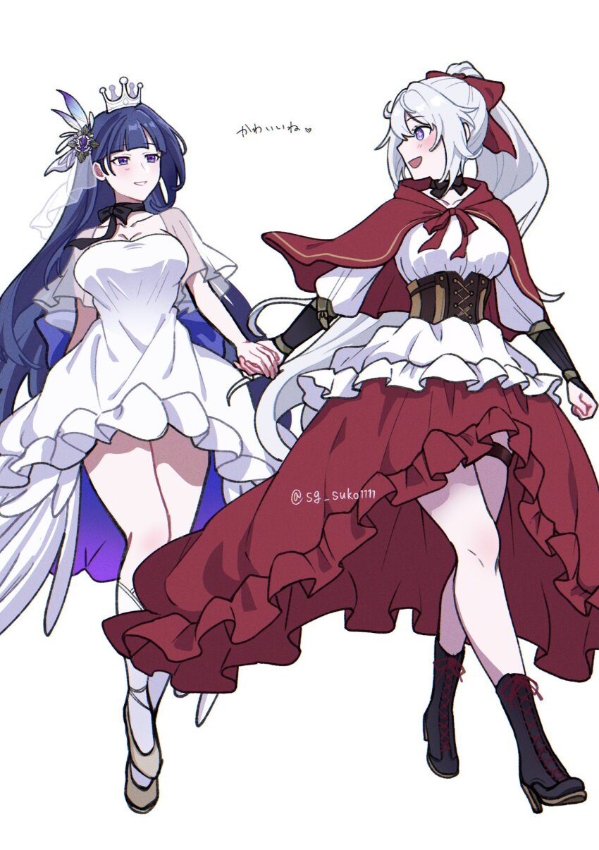 2girls :d black_boots black_choker blue_hair blush boots breasts capelet cho_(sg_suko1111) choker cleavage corset crown dress frills grin hair_ornament highres holding_hands honkai_(series) honkai_impact_3rd kiana_kaslana large_breasts long_hair mini_crown multiple_girls open_mouth purple_eyes raiden_mei red_capelet red_skirt see-through_clothes see-through_sleeves shirt short_sleeves simple_background skirt smile translation_request very_long_hair white_background white_dress white_hair white_shirt