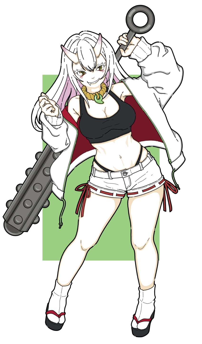 1girl absurdres black_tank_top border breasts cleavage club club_(weapon) crop_top demon_girl demon_horns fang full_body green_background highres holding_club holding_weapon horns jacket jewelry long_hair looking_at_viewer magatama magatama_necklace midriff navel necklace nonnki oni original outside_border ribbon_trim sandals setsubun short_shorts shorts smile socks solo spiked_club standing tank_top weapon white_border white_hair white_jacket white_shorts white_socks zouri