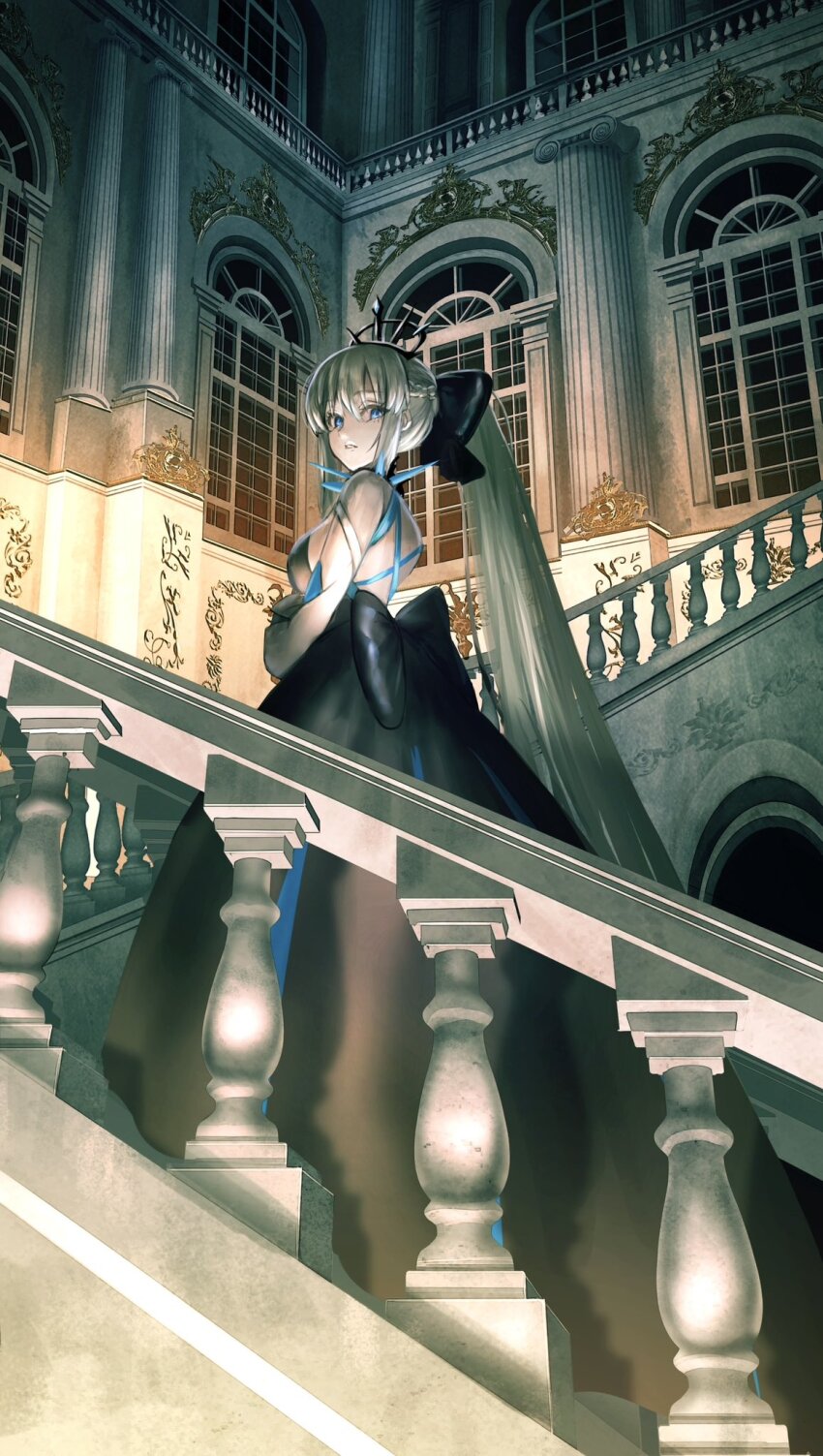 1girl arched_window asagi_futsuka back back_bow baluster black_bow black_dress blue_eyes bow braid breasts commentary_request detached_sleeves dress european_architecture fate/grand_order fate_(series) french_braid from_side grey_hair hair_bow highres large_bow long_hair looking_at_viewer looking_to_the_side morgan_le_fay_(fate) morgan_le_fay_(third_ascension)_(fate) muntins parted_lips pillar ponytail railing shadow sidelocks solo spikes stairs standing tiara very_long_hair white_sleeves window