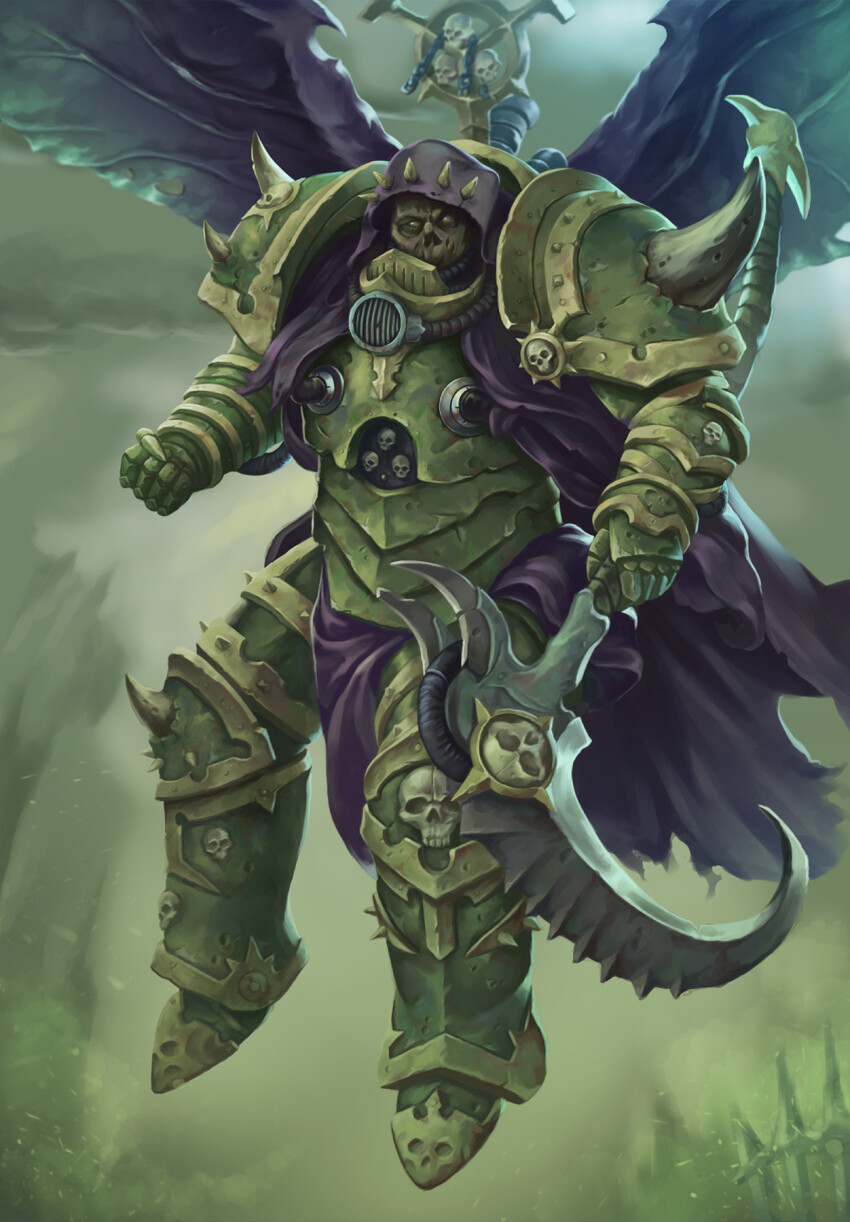 1boy armor armored_boots boots breastplate cataracts chain chaos_(warhammer) clawed_gauntlets clenched_hand colored_skin commentary couter crotch_plate cuirass damaged_skin death_guard decay decaying_skin demon_primarch demon_wings disease english_commentary flying full_body gauntlets greaves green_armor green_background green_skin grohgrog highres holding holding_scythe holding_weapon injury insect_wings leg_armor making-of male_focus mask monster mortarion moth_wings no_nose no_pupils nurgle pauldrons pelvic_curtain poleyn power_armor primarch purple_wings rerebrace respirator scythe shoulder_armor shoulder_spikes silence_(weapon) skeletal_face skull skull_ornament spiked_hood spiked_pauldrons spikes torn_wings warhammer_40k weapon white_eyes wings