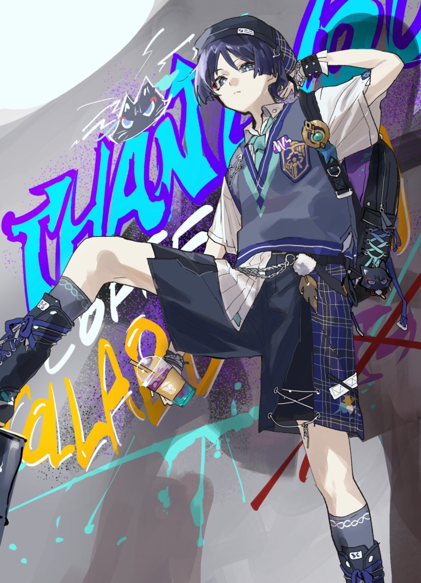 1boy alternate_costume aqua_necktie aqua_trim arm_behind_head artistic_error bag beret blunt_ends boots chain coffee collared_shirt contemporary cup disposable_cup drink drinking_straw emblem eyeliner eyeshadow feathers from_below genshin_impact gold graffiti grey_socks grey_vest hair_between_eyes hat highres holding holding_cup holding_drink iced_coffee lace-up_boots makeup male_focus meameeea multicolored_vest necktie official_alternate_costume parted_bangs plaid_clothes plaid_shorts pom_pom_(clothes) purple_eyes purple_hair purple_trim red_eyeliner red_eyeshadow scaramouche_(cat)_(genshin_impact) scaramouche_(genshin_impact) shirt short_hair shorts shoulder_bag socks solo standing string stuffed_animal stuffed_toy vest vision_(genshin_impact) wanderer_(genshin_impact) wanderer_(mega_mgc_coffee)_(genshin_impact) white_shirt wrist_cuffs