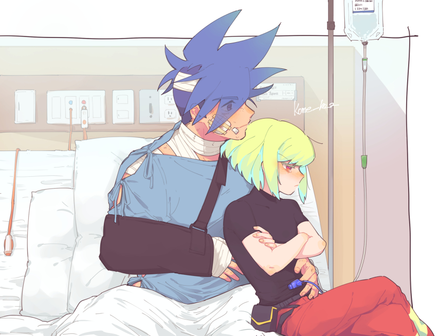 2boys arm_sling bandaged_head bandaged_neck bandages bed belt belt_pouch black_belt black_shirt blonde_hair blue_hair blush cast closed_mouth commentary_request crossed_arms crossed_legs eyes_visible_through_hair feet_out_of_frame galo_thymos gauze gauze_on_cheek hand_on_another&#039;s_waist highres hospital_bed hospital_gown injury intravenous_drip kome_1022 legs lio_fotia looking_at_another male_focus multiple_boys pants pillow pink_eyes pouch promare red_pants shirt short_sleeves under_covers yaoi