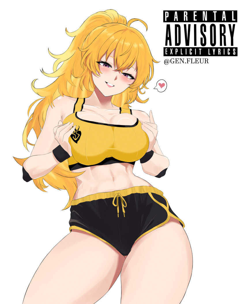 1girl absurdres ahoge artist_name black_shorts blush breasts breasts_squeezed_together cleavage collarbone contrapposto crossed_bangs dolphin_shorts gen.fleur grin heart high_ponytail highres large_breasts long_hair looking_at_viewer midriff navel parental_advisory ponytail purple_eyes rwby short_shorts shorts simple_background smile solo spoken_heart sports_bra stomach thighs very_long_hair wavy_hair white_background yang_xiao_long yellow_sports_bra