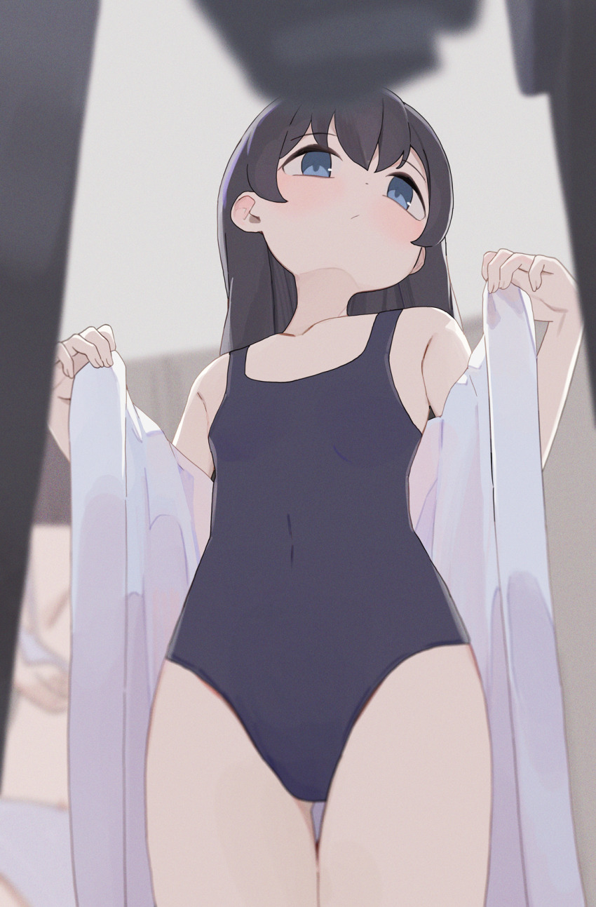 2girls black_hair blue_eyes blue_one-piece_swimsuit blue_school_swimsuit blush bra closed_mouth collarbone commentary_request flat_chest from_below highres hiroki_(yyqw7151) locker locker_room long_hair multiple_girls one-piece_swimsuit original panties partial_commentary removing_bra school_swimsuit solo_focus standing swimsuit underwear undressing white_bra white_panties