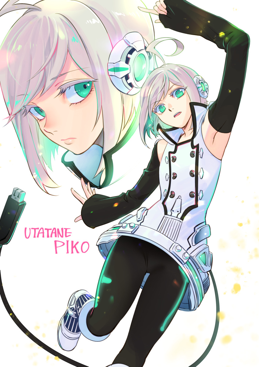 1boy ahoge androgynous arm_up bae_(baebae) black_leggings boots cable cable_tail character_name colored_eyelashes commentary commentary_request commission detached_sleeves dress english_commentary floating_clothes glowing_clothes green_eyes headphones highres leg_up leggings looking_at_viewer male_focus mechanical_tail mixed-language_commentary multiple_views no_heterochromia open_mouth pink_pupils pixiv_commission pointing short_hair tail teeth upper_teeth_only usb utatane_piko vocaloid white_background white_dress white_eyelashes white_hair