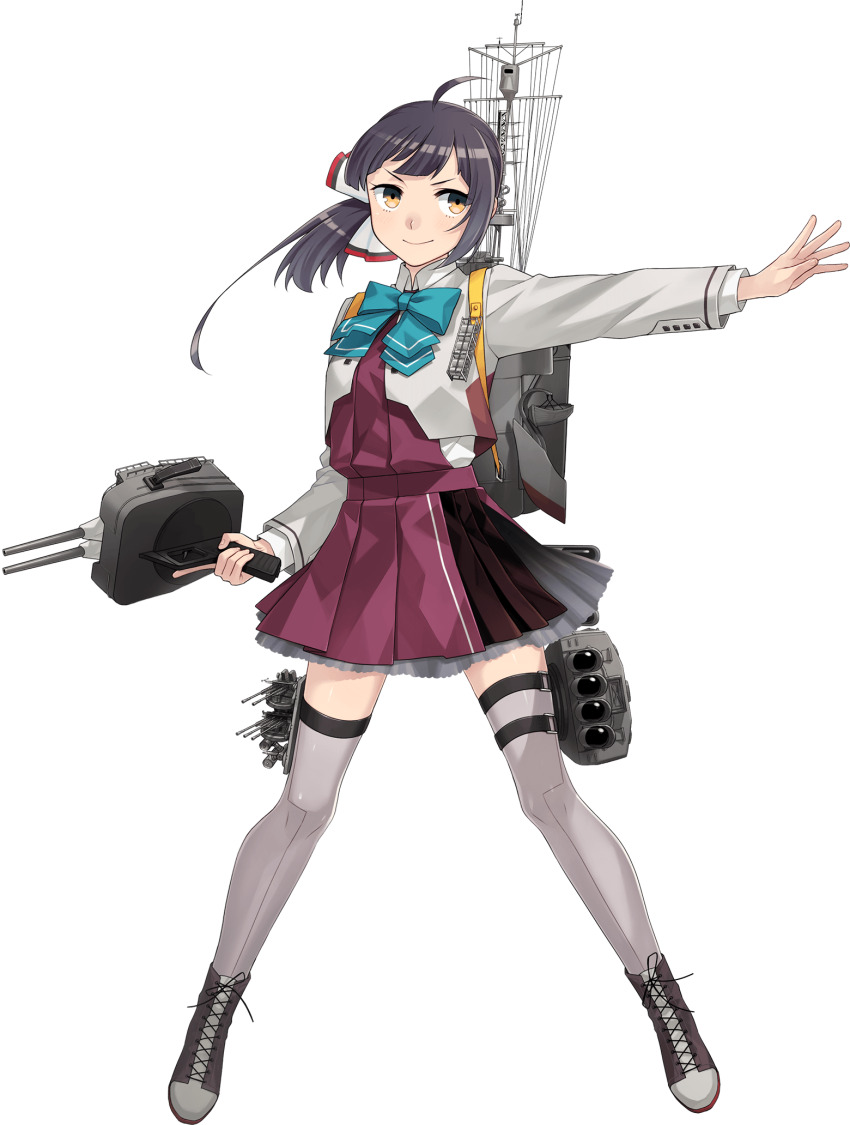 1girl adapted_turret ahoge anti-aircraft anti-aircraft_gun aqua_bow aqua_bowtie asymmetrical_bangs black_hair bow bowtie breasts cut_bangs dress fujikawa fujinami_(kancolle) fujinami_kai_ni_(kancolle) full_body grey_pantyhose hair_ribbon highres kantai_collection long_sleeves medium_hair official_art open_hand pantyhose ribbon school_uniform seamed_legwear ship_turret shirt side-seamed_legwear side_ponytail small_breasts smile solo thighhighs torpedo transparent_background white_ribbon white_shirt yellow_eyes