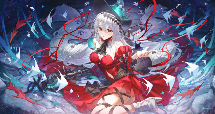 1girl absurdres arknights commentary_request dress dvdarts green_hat hat high_heels highres holding holding_staff long_hair open_mouth red_dress red_eyes skadi_(arknights) skadi_the_corrupting_heart_(arknights) solo staff thighs underwater very_long_hair white_hair