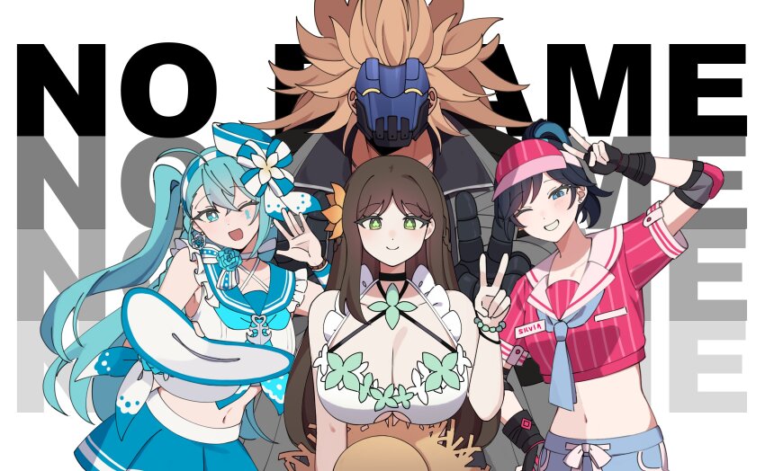 1boy 3girls ;d absurdres alonso_(black_survival) aqua_eyes aqua_hair arm_up bare_arms bare_shoulders bikini black_choker black_gloves black_hair black_survival blonde_hair blue_eyes blue_shorts blue_skirt bracelet breasts brown_hair choker cleavage closed_mouth clothing_cutout criss-cross_halter crop_top dolphin_shorts elbow_pads emma_hardy eternal_return:_black_survival fingerless_gloves frilled_bikini frilled_sailor_collar frills gloves green_eyes grin gweon_sua halterneck hand_up hat highres jewelry large_breasts long_hair looking_at_viewer mask midriff miniskirt multiple_girls name_tag navel neckerchief official_alternate_costume one_eye_closed one_side_up open_mouth pink_shirt pleated_skirt ponytail sailor_collar sailor_hat second-party_source shirt short_sleeves shorts silvia_piquet skirt sleeveless sleeveless_shirt smile spaghetti_strap spiked_hair stomach striped_clothes striped_shirt sun_hat swimsuit symbol-shaped_pupils taenyaki underboob underboob_cutout unworn_hat unworn_headwear upper_body v visor_cap white_bikini white_choker white_shirt