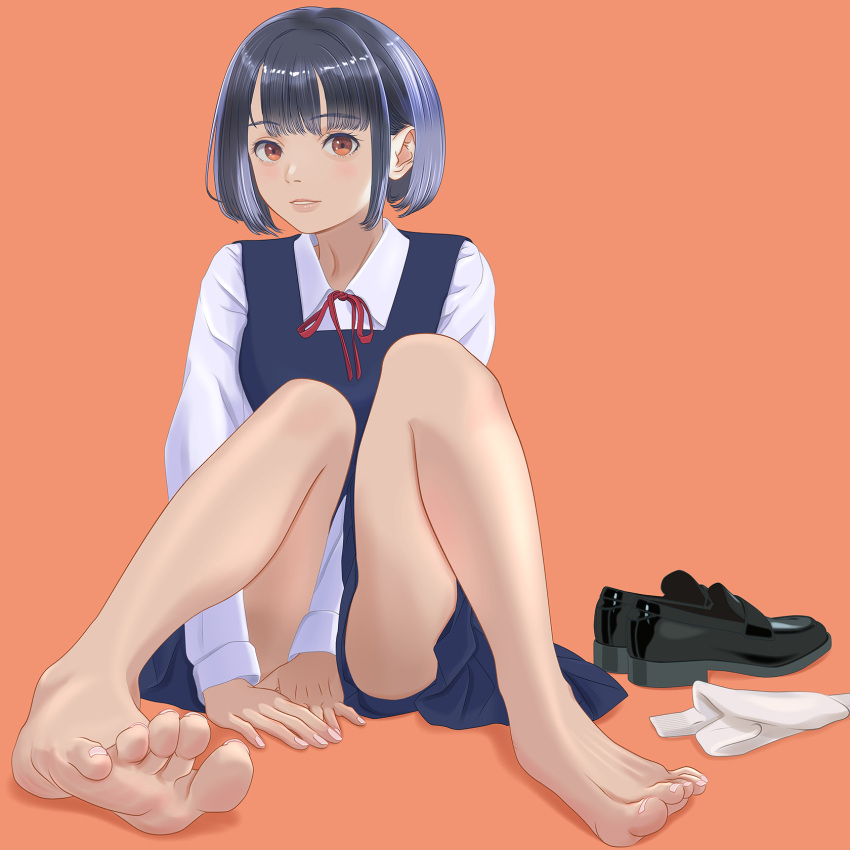 1girl barefoot black_hair feet highres light_blush loafers looking_at_viewer medium_hair orange_eyes parted_lips school_uniform shoes socks soles toes toyoki unworn_shoes unworn_socks white_socks
