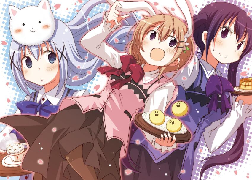 3girls :d abstract_background angora_rabbit animal_ears apron blue_apron blue_bow blue_eyes blue_hair blue_outline bow breasts brown_skirt buttons closed_mouth collared_shirt cowboy_shot cup dot_nose dutch_angle fake_animal_ears floating_hair from_below hair_between_eyes hair_ornament hair_tie highres holding holding_tray hoto_cocoa light_blush long_hair long_sleeves lop_rabbit_ears medium_breasts multiple_girls open_mouth orange_hair outline pikachi pink_apron pink_outline purple_apron purple_bow purple_eyes purple_outline rabbit rabbit_ears red_bow second-party_source shirt simple_background skirt smile teacup tedeza_rize tippy_(gochiusa) tray white_background white_shirt x_hair_ornament