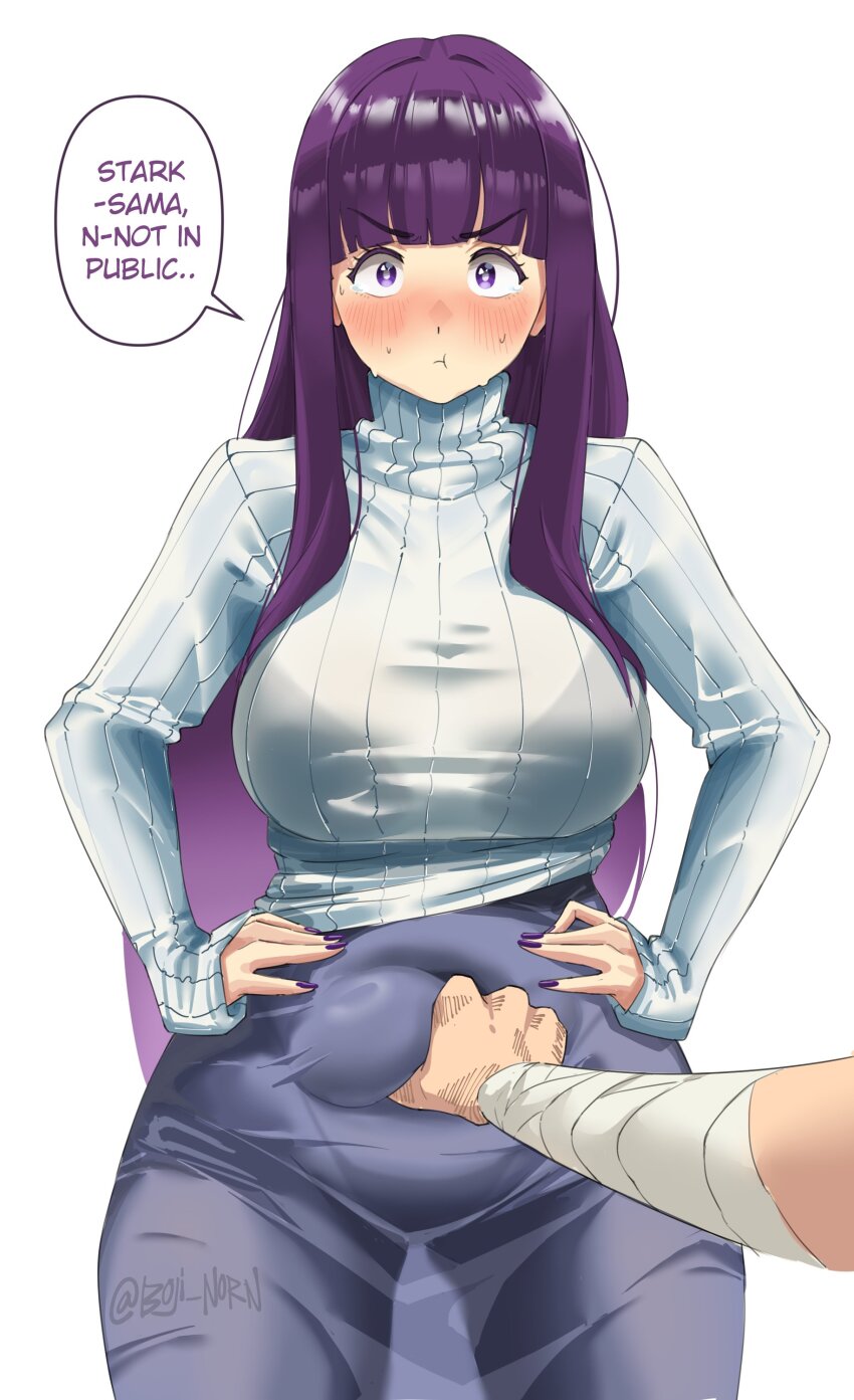 1boy 1girl absurdres arm_wrap blue_skirt blush boji_norn breasts closed_mouth couple english_text fern_(sousou_no_frieren) grabbing_another&#039;s_stomach highres large_breasts long_hair pout purple_eyes purple_hair purple_nails simple_background skirt sousou_no_frieren speech_bubble stark_(sousou_no_frieren) sweat sweater turtleneck turtleneck_sweater white_background white_sweater